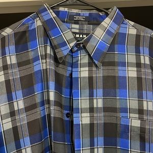 Used XXL Royal Blue, Gray, and Black plaid long sleeve polyester shirt.